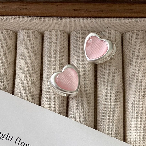 Pink Heart Copper Earrings With 925 Sterling Silver Earring Post Elegant Sweet Korean Style Cat Eye Stone Jewelry For Women