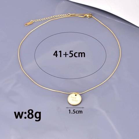 Women 18K Gold Plated Titanium Steel Necklace Engraved Luck 4ever Round Coin Pendant Minimalist Retro Snake Bone Chain