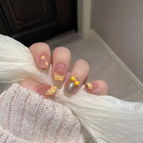 Press On Nails Yellow Bow Stars Glitter Square Oval Cute Sweet Handmade Artificial Nails For Women
