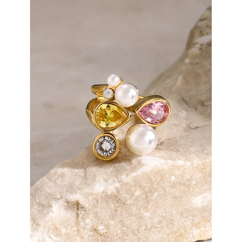 Open Adjustable Ring 18K Gold Plated Stainless Steel Imitation Artificial Pearl Colorful Zircon Irregular Cluster Jewelry For Women