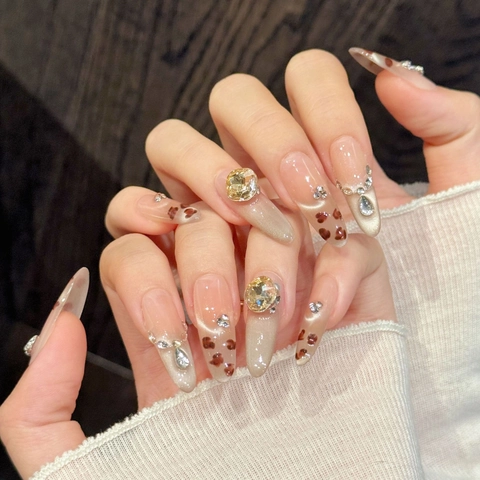 Handgemaakte Press On Nails Champagne Kattenoog Luipaardprint Amandelvorm Luxe Strass Kristal Elegant Franse Stijl