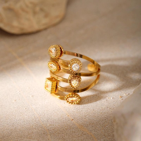 Anello Aperto in Acciaio Inossidabile 304 Geometrico Irregolare da Donna Placcato Oro 18K con Strass Intarsiati Gioielli Moda