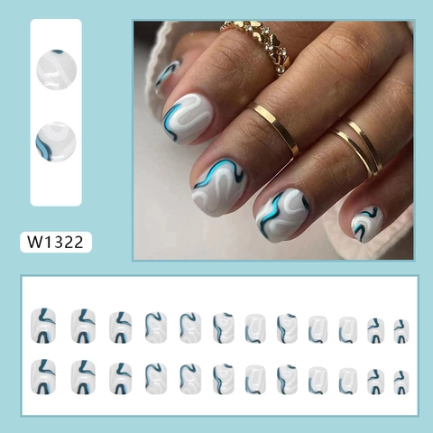 Short Round Square Press On Nails Blue White Abstract Wave Fluid Pattern Glue On Artificial False Nails For Women