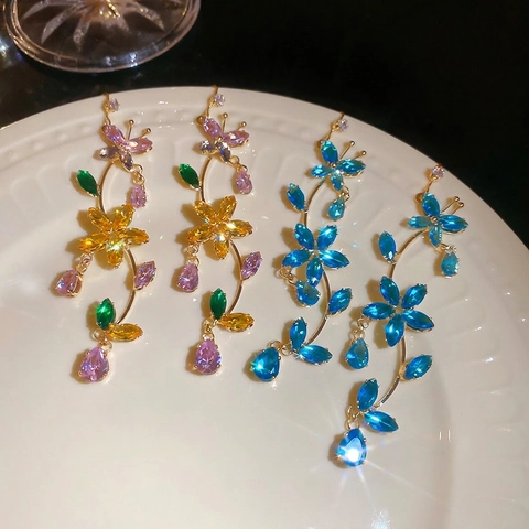 Butterfly Flower Tassel Dangle Drop Earrings Zircon Copper With 925 Sterling Silver Earring Post Women Elegant Luxury
