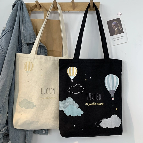 Canvas Tote Bag Women Large Capacity Hot Air Balloon Print Shoulder Handbag For School Campus Daily Zipper Closure Soft