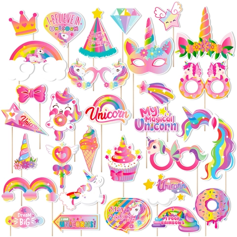 Unicorn Theme Birthday Party Photo Booth Props Rainbow Cardstock Masks Glasses For Kids Graduation Event Decoration Supplies