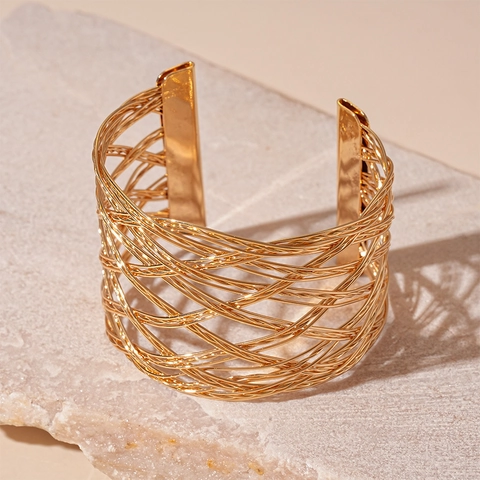 Gold Woven Mesh Cuff Bracelet Hollow Wide Open Bangle Elegant Metal Wrist Jewelry For Women Simple Chic