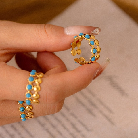 Anello Aperto Doppio Strato Acciaio Titanio Intarsiato Turchese Blu Tonda Bohémien Vintage Semplice Gioielli Minimalisti