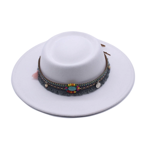 Bohemian Fedora Hat Flat Top Wide Brim Felt Wool Blend With Turquoise Tassel Ethnic Style For Women Vintage