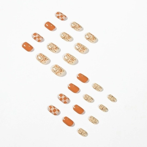 Glossy Press On Nails Square Oval Short False Nails Orange Checkerboard Polka Dot Pattern Removable For Women