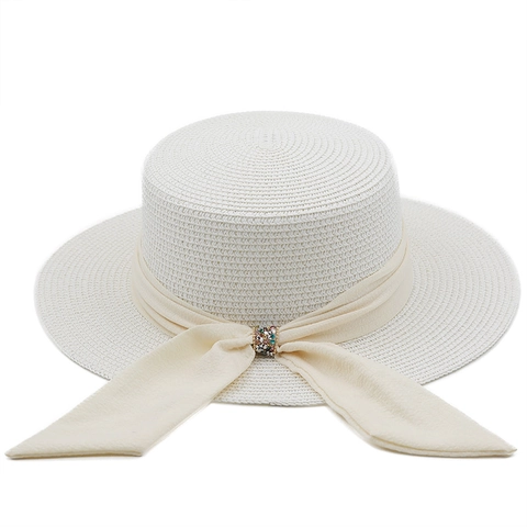 Cappello Di Paglia Boater Elegante Da Donna Tesa Larga Protezione Solare Spiaggia Stile Retrò Francese Con Fibbia Strass