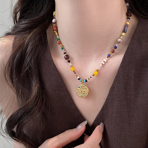 Collar Con Colgante Bohemio Vintage Acero Inoxidable Cuentas Piedra Coloridas Redondo Estrella Luna Joyería Étnica Mujer