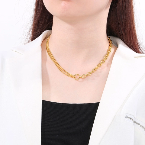 18K Gold Plated Stainless Steel Asymmetrical Necklace Cuban Rolo Chain O-Ring Unisex Street Trendy Hip Hop Minimalist