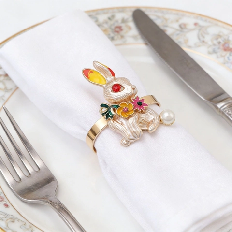 Rabbit Napkin Rings Metal Bunny Buckles With Enamel Flower Rhinestone Artificial Pearl For Easter Thanksgiving Table Decor