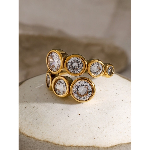 Adjustable Open Ring 18K Gold Plated Stainless Steel Round Pear Cubic Zirconia Waterproof Hypoallergenic Jewelry Women