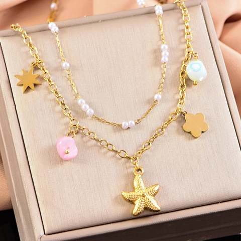 Collar De Capas Tema Oceánico Acero De Titanio Chapado En Oro Colgante De Concha Estrella De Mar Perla Artificial Joyería Bohemia