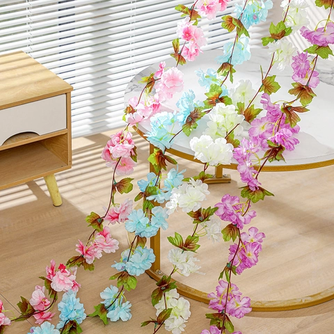 Artificial Cherry Blossom Silk Flower Vine Garland For Wedding Home Garden Wall Hanging Decorative Plastic Floral Plant