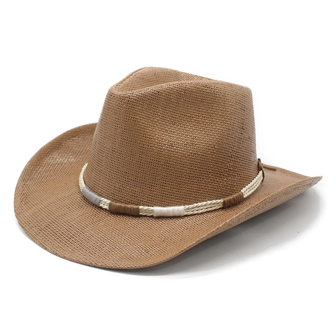 Women Western Cowboy Hat Paper Straw Woven Wide Brim Sun Protection Retro Ethnic Style With Decorative Rope
