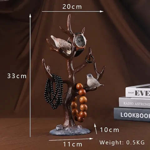 Tree Shape Jewelry Display Stand Resin Faux Wood Bird Decor Necklace Bracelet Organizer Rack Rustic Home