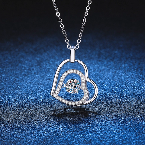 Dancing Heart Pendant Necklace 925 Sterling Silver Moissanite Double Layer Heart Shape Jewelry For Women Gift