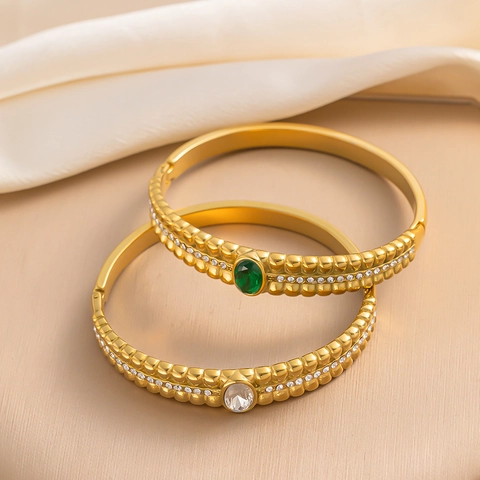 Retro Europees Amerikaans Hol Roestvrij Staal Armring Voor Vrouwen Verguld Ovaal Groen Wit Strass Ingelegde Sieraden