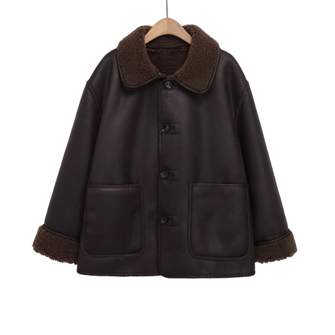 Damen Wendejacke Retro Kunstleder Fliegerjacke Warm Lammfell Fleece Futter Revers Französische Mode Mantel