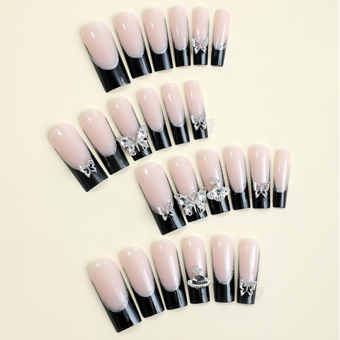 Extra Long Press On Nails French Tip Black Pink Gradient 3D Butterfly Rhinestone Trapezoid Coffin Shape Fake Nails