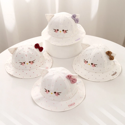 Cappello Pescatore Neonato Cotone Pois Orecchie Gatto Fiocco Protezione Solare Dolce Infantile Cappello Sole Con Corda Regolabile
