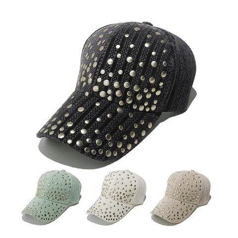 Baseball Cap Corduroy Rivet Decor Hip Hop Street Style Adjustable Hat For Women Retro Solid Color
