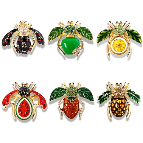 Vintage Insect Fruit Brooches Pins Alloy Enamel Rhinestone Watermelon Strawberry Lemon Bee For Suit Bags Unisex Jewelry