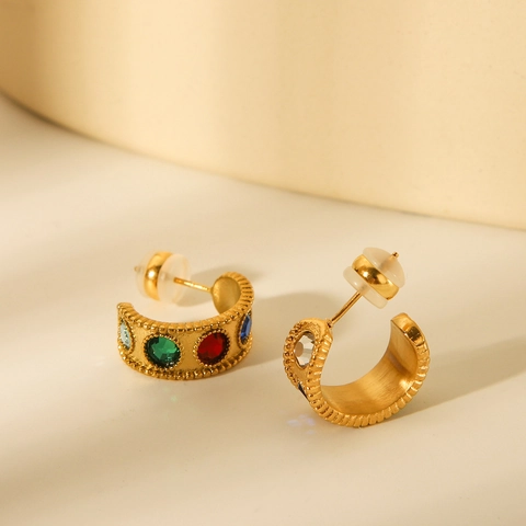 Pendientes De Aro En Forma De C Vintage Para Mujer De Acero Inoxidable Chapado En Oro De 18K Con Zircón Colorido Lujo Ligero