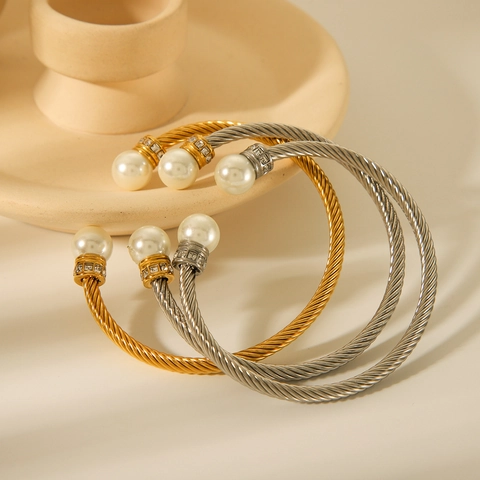 Bracciale Rigido Aperto In Acciaio Inossidabile Cavo Intrecciato Con Perla Artificial E Strass Gioielli Di Moda Eleganti Per Donne