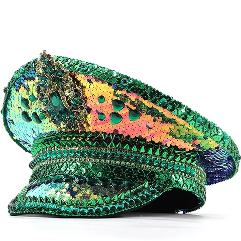 Green Sequin Captain Hat Rhinestone Embellished Military Style Performance Festival Party Rave Costume Accessories