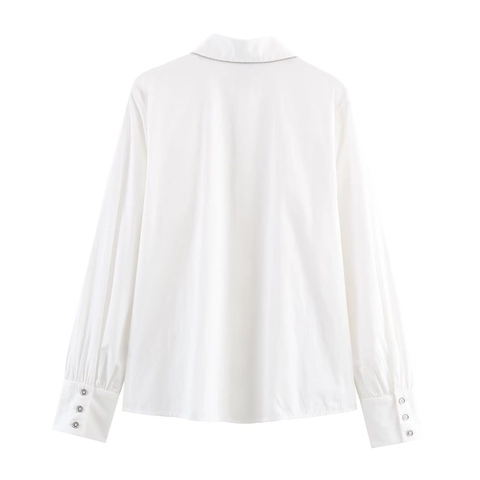 Damen Weiße Bluse Langarm Rüschen Hemd Mit Metallkette Kragendetail Polyester Baumwolle Popeline Oberteile