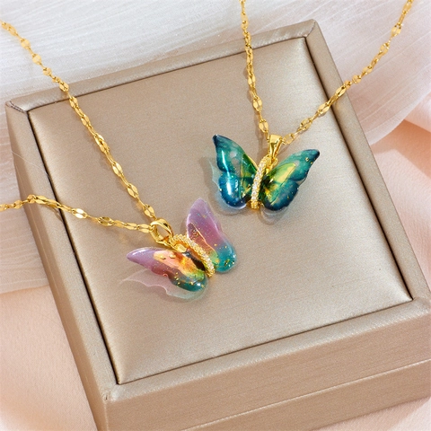 Collana Con Pendente A Farfalla Acciaio Inossidabile Placcato Oro Zirconia Scintillante Catena Clavicola Gioielli Di Moda Donna