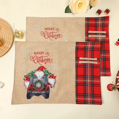 Christmas Placemat Burlap Linen Red Truck Gnome Print Red Black Plaid Heat Resistant Dining Table Decor Cutlery Pocket