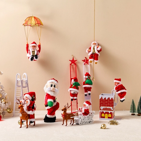 Electric Animated Christmas Santa Claus Climbing Ladder Rope Parachute Sleigh Musical Dancing Home Ornament Party Decor