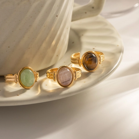 Anillo Regolabile Aperto Pietra Naturale Ovale Acciaio Inossidabile Placcato Oro Gioielli Vintage Retro Donna