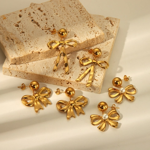 Orecchini a Fiocco in Acciaio Inossidabile per Donna Placcati in Oro con Nastro e Perle Artificiali Gioielli Dolci