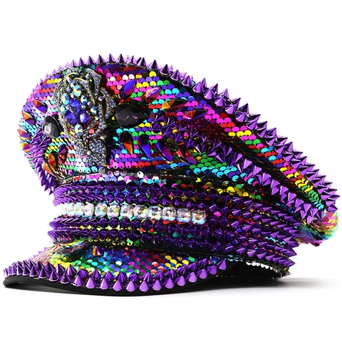Colorful Sequins Captain Hat With Purple Rivets Rhinestones Sparkly Stage Performance Festival Party Headwear For Adults