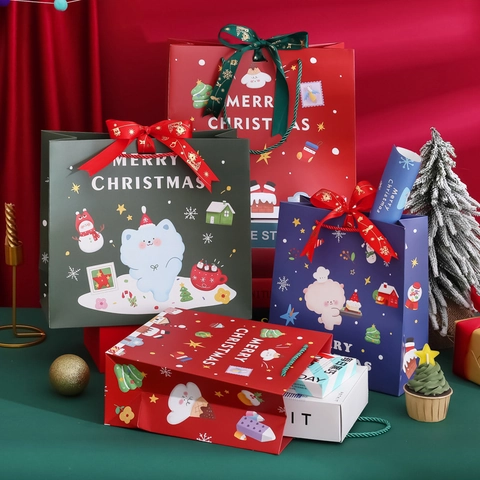Christmas Gift Bags White Cardboard Ribbon Bow Handles Holiday Treat Packaging Cartoon Festive Style