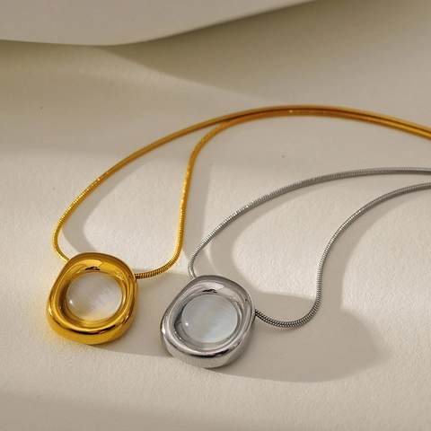 Collar Con Colgante Irregular Piedra Ojo De Gato Acero Inoxidable Cadena De Serpiente Chapado En Oro Joyería Para Mujeres