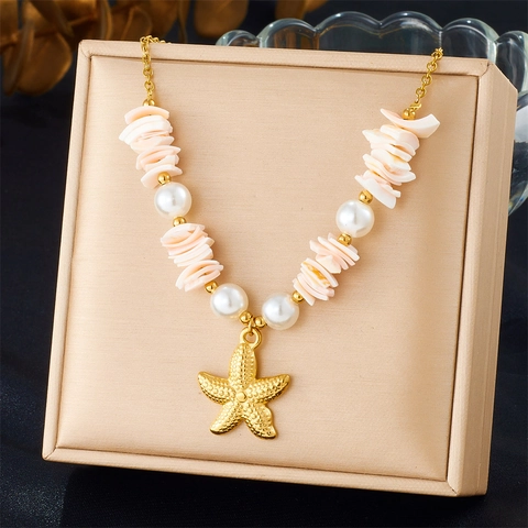 Collana Pendente Stella Marina Bohemienne Acciaio Inossidabile Conchiglia Rosa E Imitazione Perla Artificial Donna