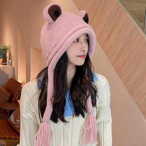 Women's Cute Frog Knitted Hat Winter Warm Rabbit Hair Ear Protection Beanie Cartoon Design Soft Cap With Tassels For Cycling