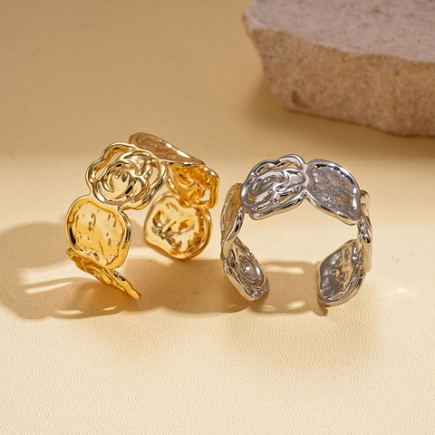 Copper Open Adjustable Ring Lava Texture Rose Flower Relief Glossy Geometric Finger Jewelry For Women
