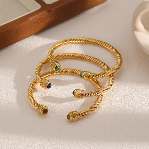 Twisted Cable Open Cuff Bracelet Stainless Steel Natural Stone Inlaid Vintage Gold Plated Jewelry For Women Fashion