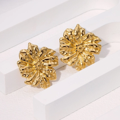Pendientes De Flores Bañados En Oro De 18K Acero Inoxidable Pétalo Martillado Vintage Moda Exagerada Para Mujeres