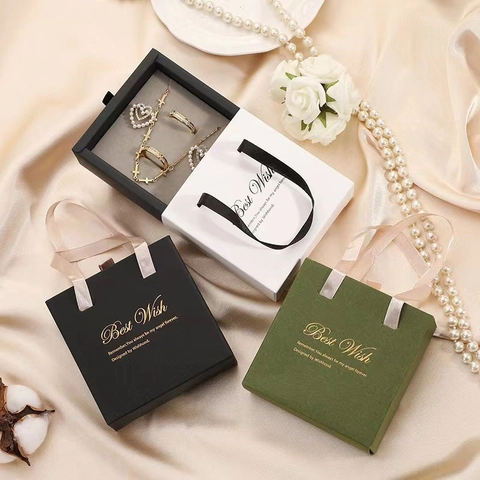 Jewelry Gift Box And Tote Bag For Necklace Earring Ring Elegant Paper Packaging With Satin Ribbon Bow Gold Foil Print
