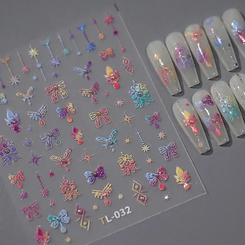Adesivi Unghie Rilievo 3D Olografici Laser Farfalla Fiocco Stella Cuore Autoadesivi Decorazione Manicure Per Donne