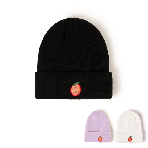 Kids Knitted Beanie Hat Warm Acrylic Fruit Embroidery Orange Pattern Cuffed Ribbed Cap For Children Boys Girls